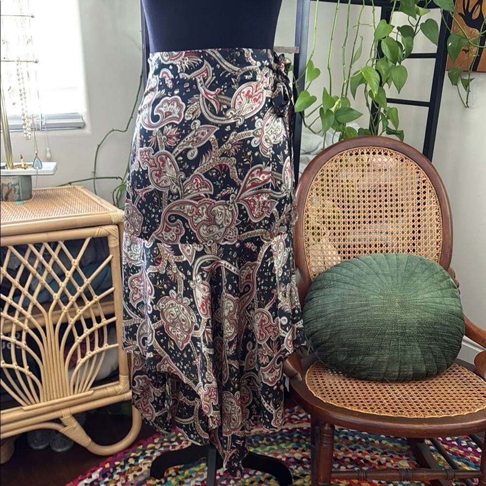 The Kooples Paris Dark Paisley 100% Silk Asymmetrical Wrap Skirt